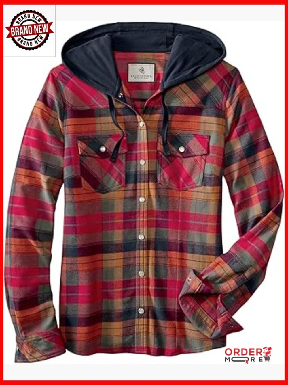 Womens Hooded Stretch Flannel Button Up Shirt Relaxed Fit Long Sleeve Plaid